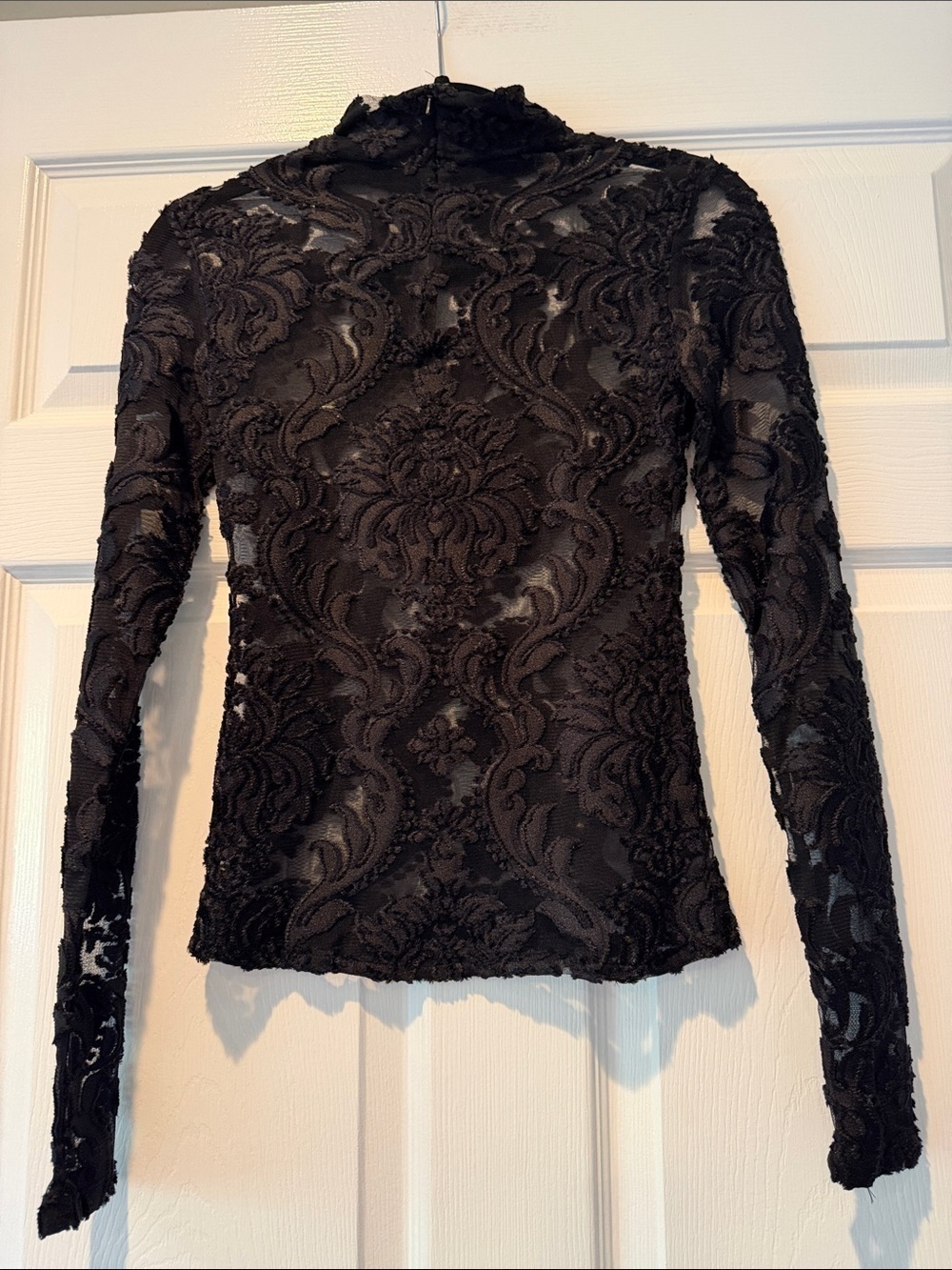Black Flocked Lace Mock Neck Long Sleeve Top Size XS - Picture 4 of 5